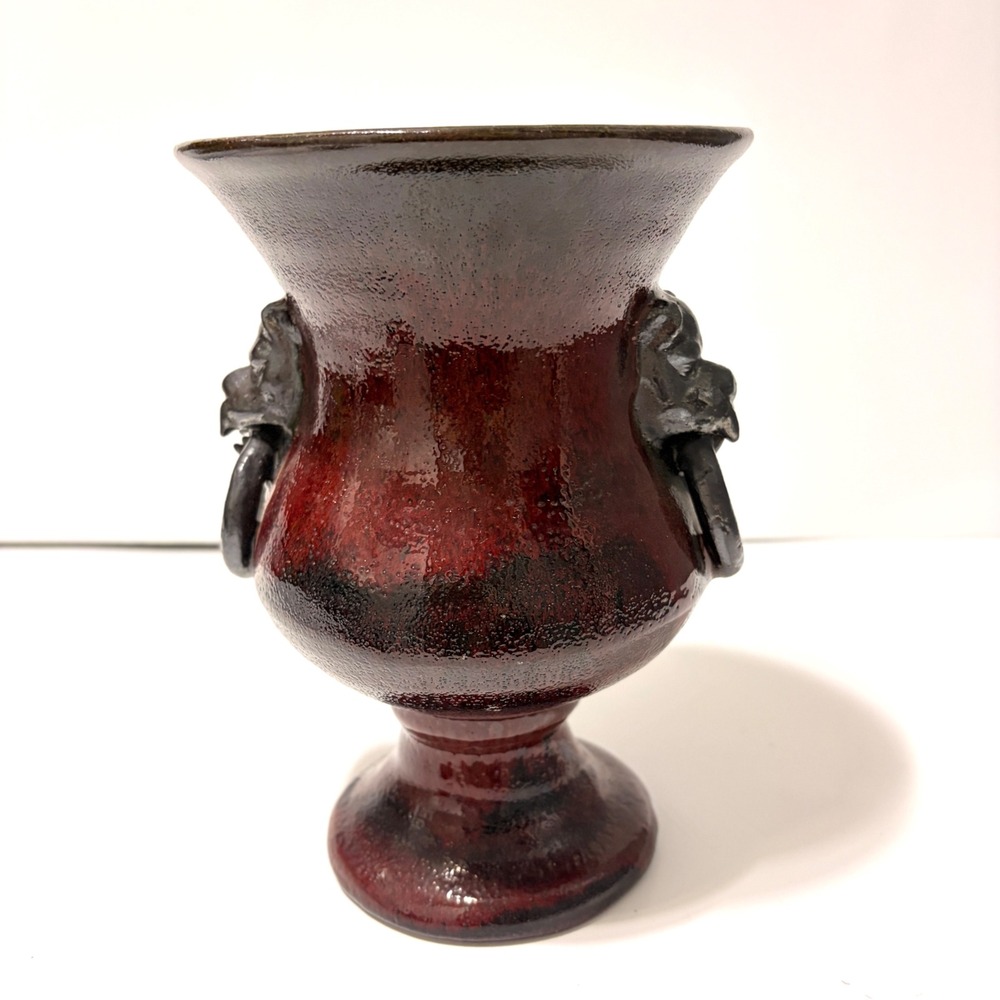 RARE Gargoyle Handle Urn Vase Oxblood Red Black Volcanic Glaze Terracotta 8.5" - Picture 4 of 16